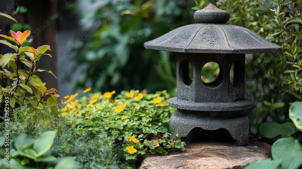 Japanese garden lantern on foliage backdrop Japanese garden lantern on foliage backdrop