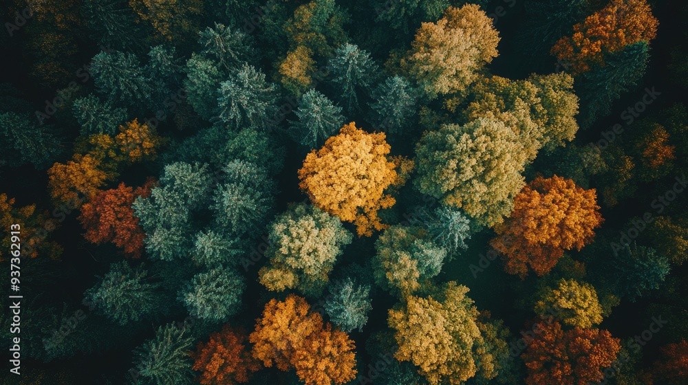 Aerial view of a green forest with autumn foliage starting to change, seasonal transition and nature background - Aerial view of a green forest with autumn foliage starting to change, seasonal transition and nature background -