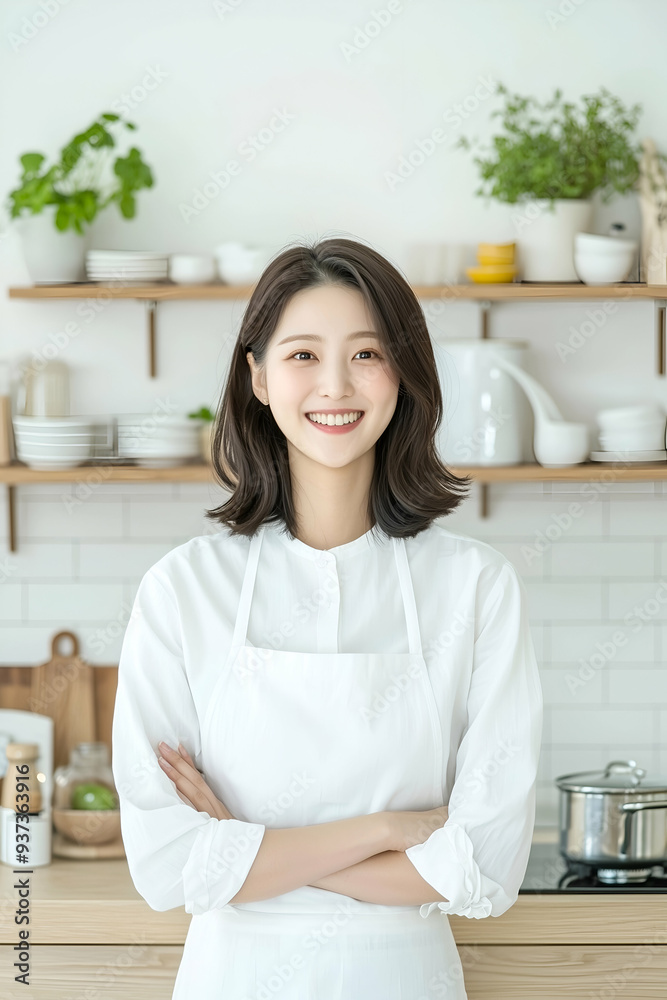 Smiling Young Woman Wearing Apron in a Bright Modern Kitchen Smiling Young Woman Wearing Apron in a Bright Modern Kitchen