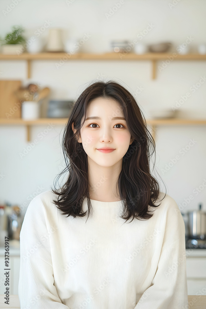 Smiling Young Woman Wearing Apron in a Bright Modern Kitchen Smiling Young Woman Wearing Apron in a Bright Modern Kitchen