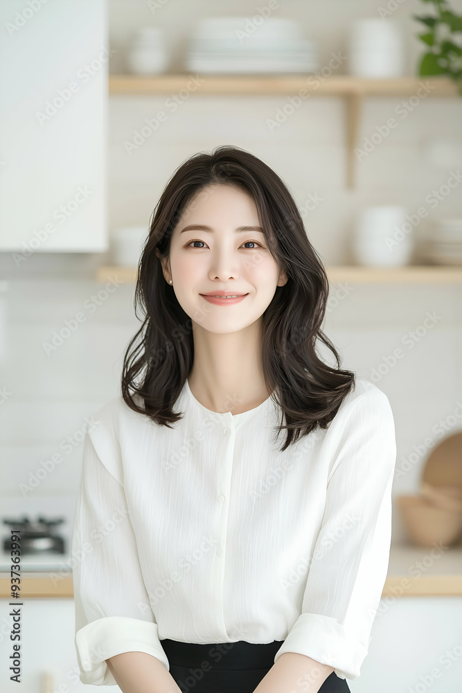 Smiling Young Woman Wearing Apron in a Bright Modern Kitchen Smiling Young Woman Wearing Apron in a Bright Modern Kitchen