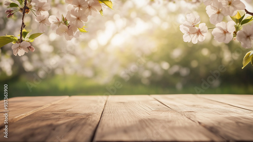 A wooden table with a cherry tree as a backdrop, with a blurred background, and soft natural light creating a serene, summery atmosphere.