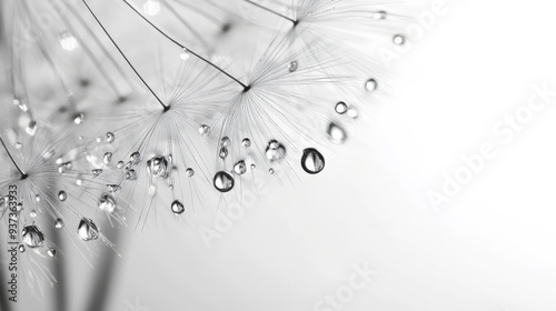 Dandelion seeds with water droplets on a natural backdrop, in black and white