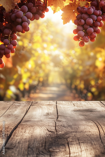 A wooden table with a grapevine in the background, slightly blurred, with warm sunlight casting a glow on the clusters of ripe grapes, creating a rich, autumnal scene.