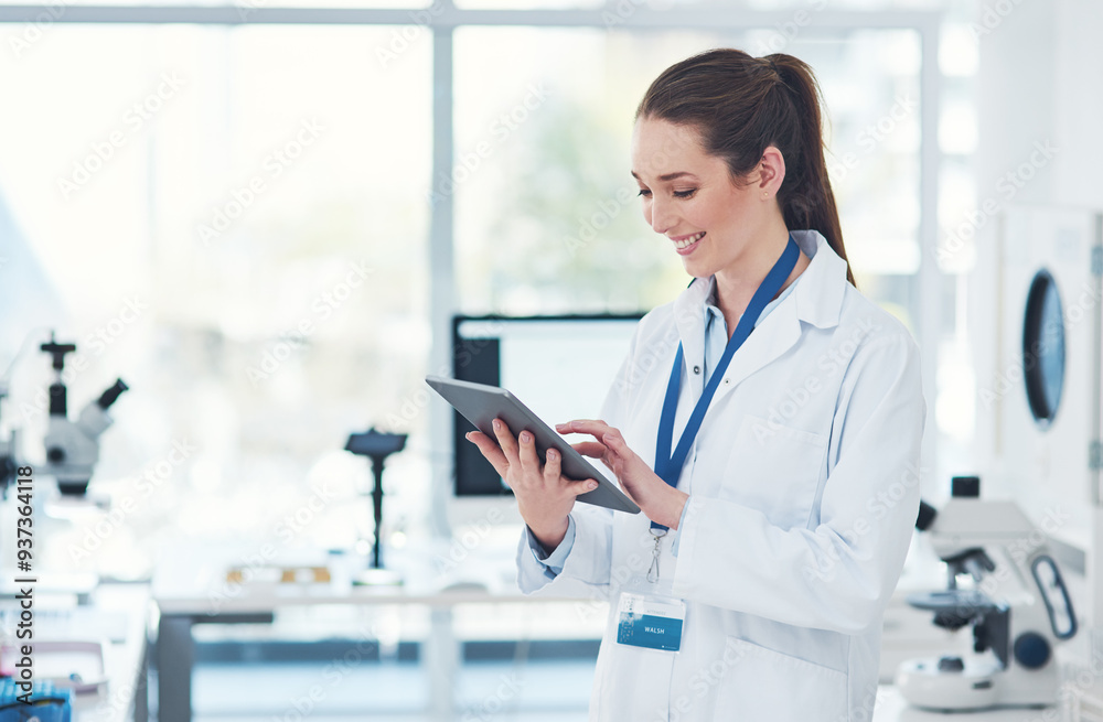 Tablet, scientist and confidence in science laboratory for medical research, biology and pharmaceutical. Female person, technology and technician in pathology, testing and investigation for vaccine Tablet, scientist and confidence in science laboratory for medical research, biology and pharmaceutical. Female person, technology and technician in pathology, testing and investigation for vaccine