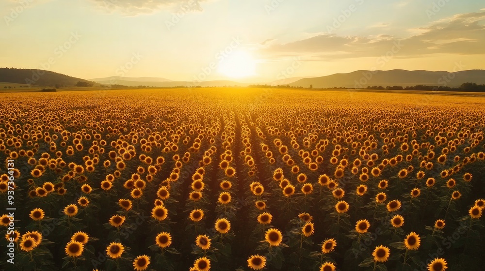 Obraz premium Aerial view of a sunflower field at golden hour, vibrant yellow flowers and natural landscape, nature background