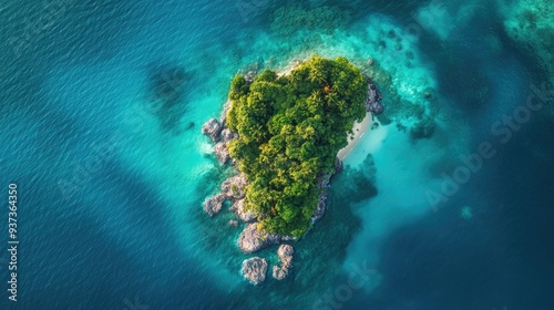 Aerial view of a tropical island with lush vegetation and clear blue waters, travel destination concept