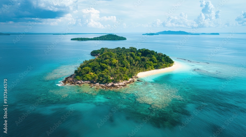Fototapeta premium Aerial view of a tropical island with lush vegetation and clear blue waters, travel destination concept