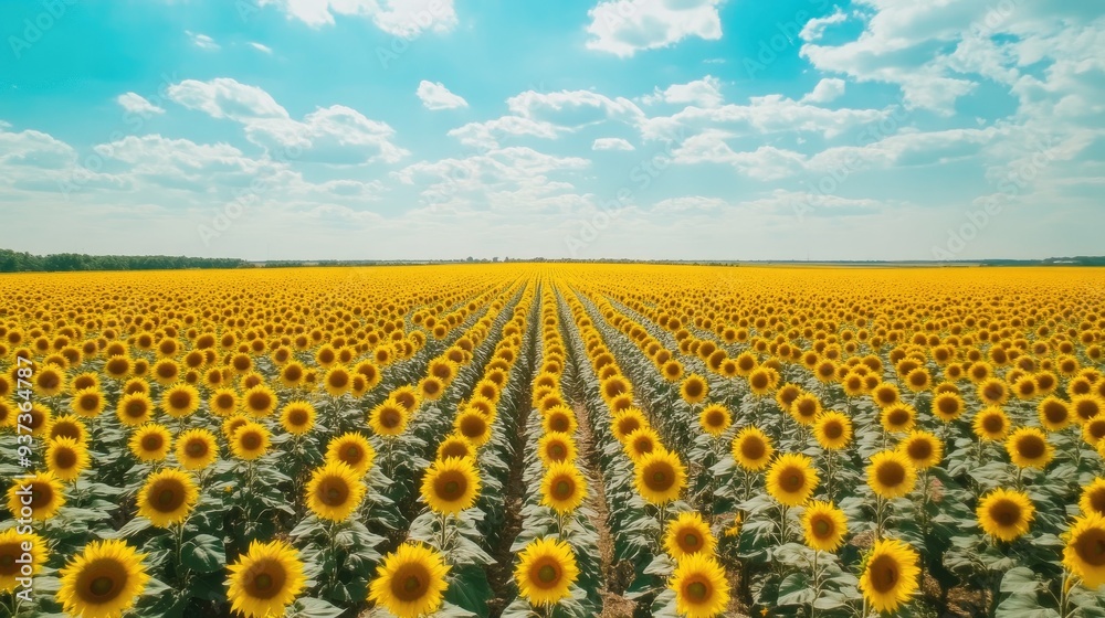 Naklejka premium Aerial view of a vast sunflower field under a bright blue sky, vibrant yellow flowers and agricultural landscape