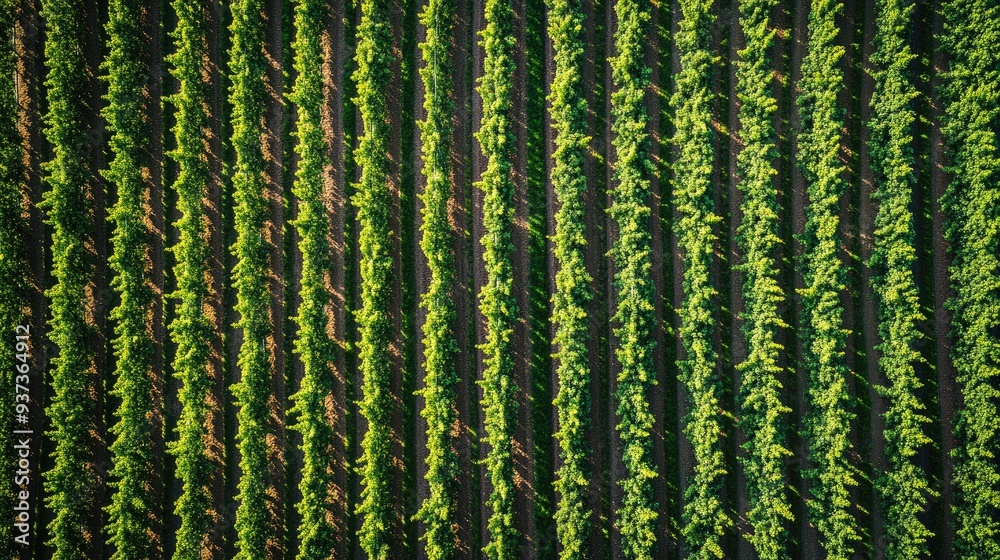 Aerial view of a vineyard with rows of grapevines stretching into the distance, agricultural landscape Aerial view of a vineyard with rows of grapevines stretching into the distance, agricultural landscape