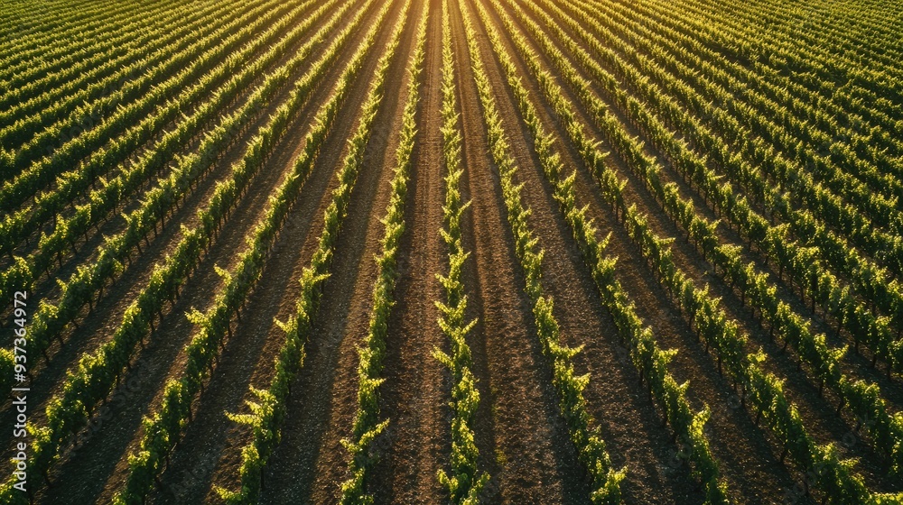 Aerial view of a vineyard with rows of grapevines stretching into the distance, agricultural landscape Aerial view of a vineyard with rows of grapevines stretching into the distance, agricultural landscape