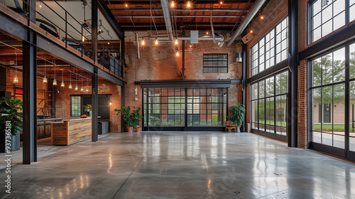 a spacious warehouse with exposed brick walls, high ceilings, and large windows. photo