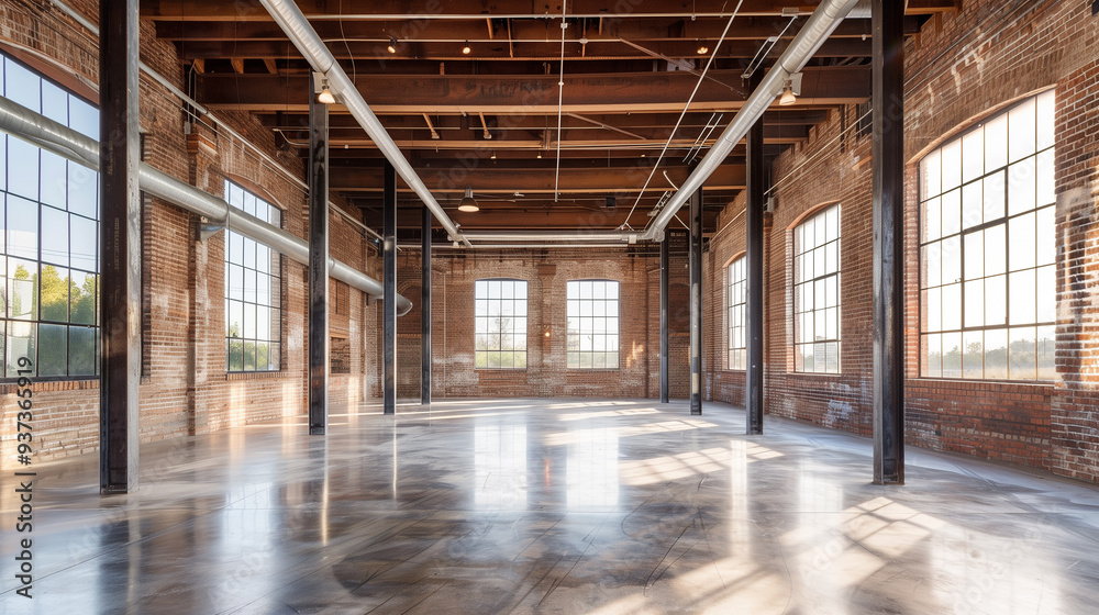 a spacious warehouse with exposed brick walls, high ceilings, and large windows. a spacious warehouse with exposed brick walls, high ceilings, and large windows.