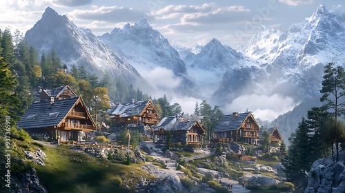 Mountain Village Landscape Illustration