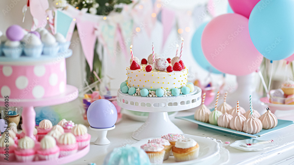 Birthday tablescape or candy bar with sweets, Birthday cake and cupcakes, beautiful party and celebration Birthday tablescape or candy bar with sweets, Birthday cake and cupcakes, beautiful party and celebration