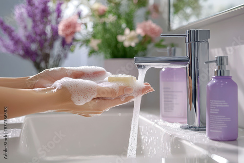 Hands washing with soap under running water with purple-themed decor. photo