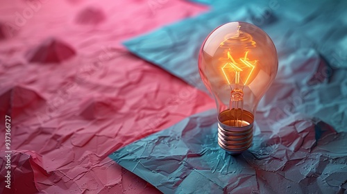 Glowing white light bulb on red background, isolated, symbolizing creative ideas and innovative solutions photo