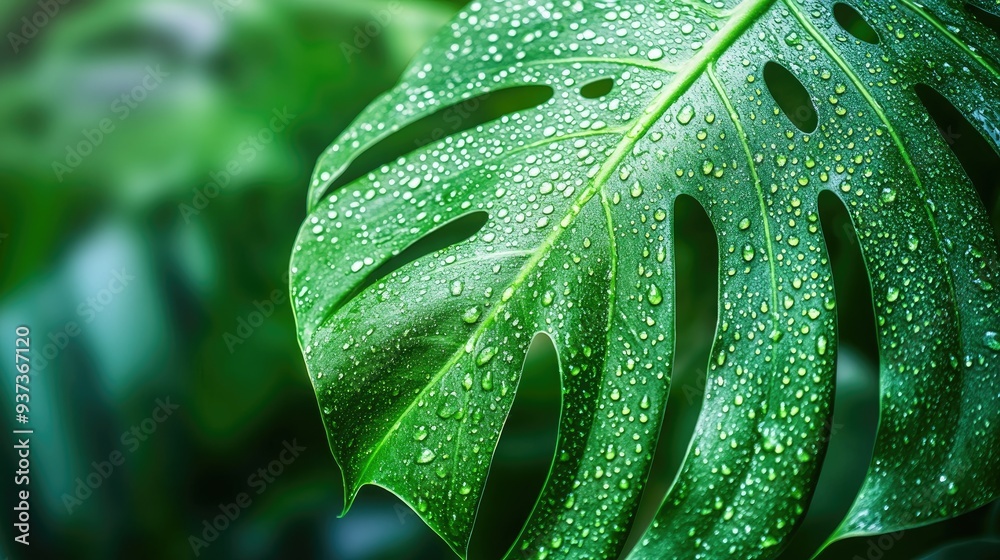 Close-up of a green monstera leaf with raindrops, tropical nature background, lush foliage with copy space - Close-up of a green monstera leaf with raindrops, tropical nature background, lush foliage with copy space -