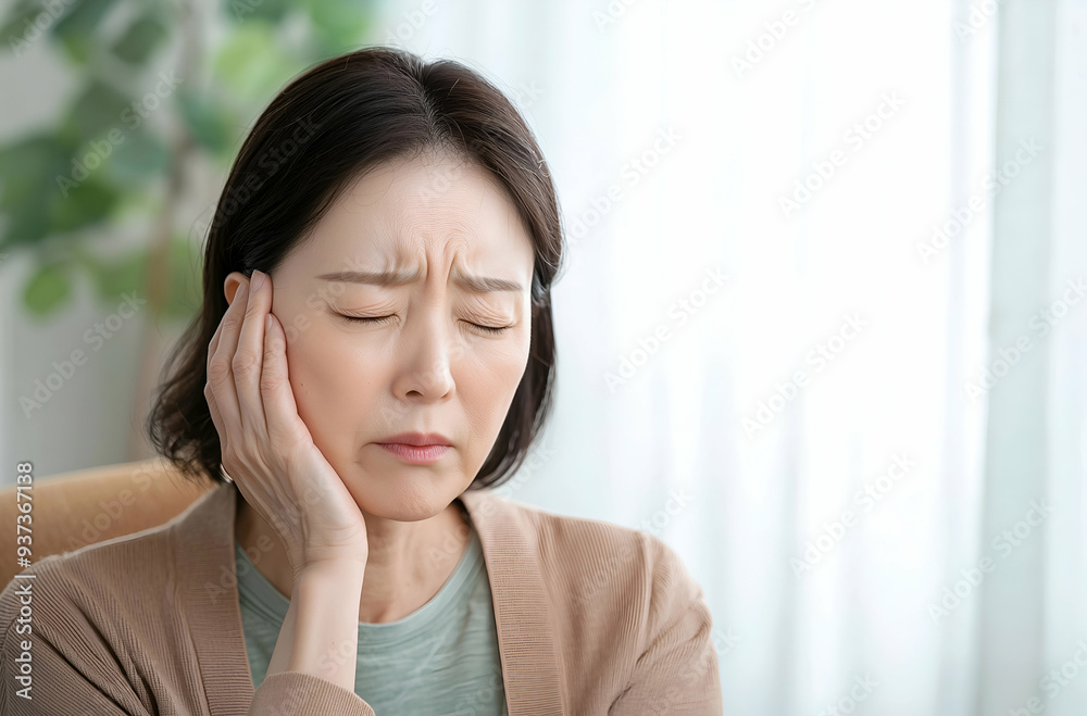 Portrait of an Elderly Woman Experiencing Headache or Stress at Home