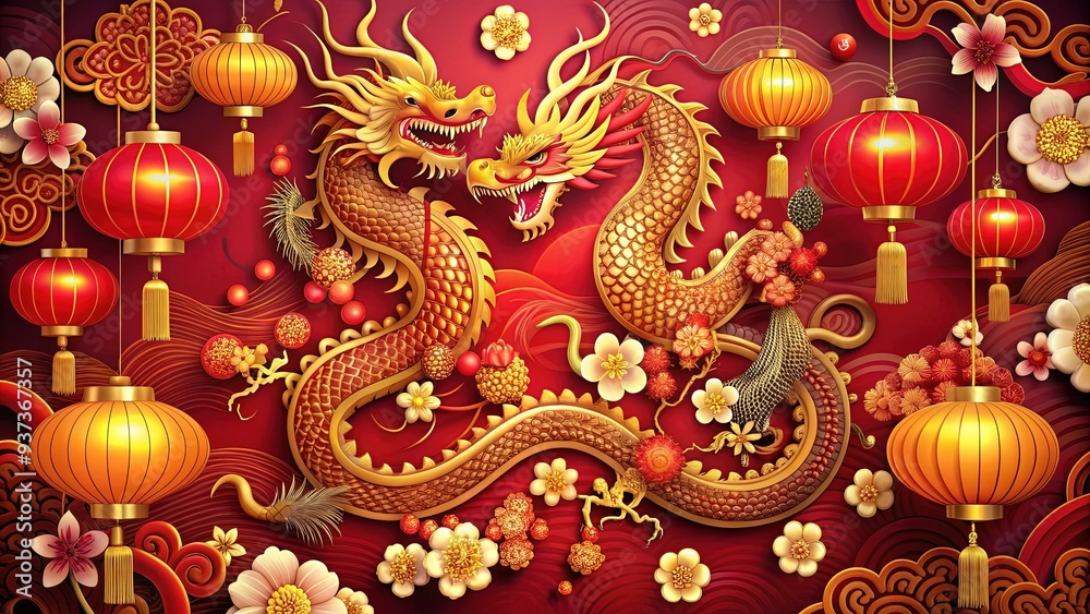 Vibrant red and gold Chinese New Year poster with intricately designed dragons, lanterns, and plum blossoms, symbolizing good fortune and prosperity. Vibrant red and gold Chinese New Year poster with intricately designed dragons, lanterns, and plum blossoms, symbolizing good fortune and prosperity.