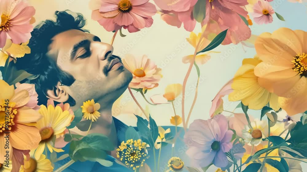 A man surrounded by vibrant flowers in a colorful artistic backdrop during a serene afternoon A man surrounded by vibrant flowers in a colorful artistic backdrop during a serene afternoon