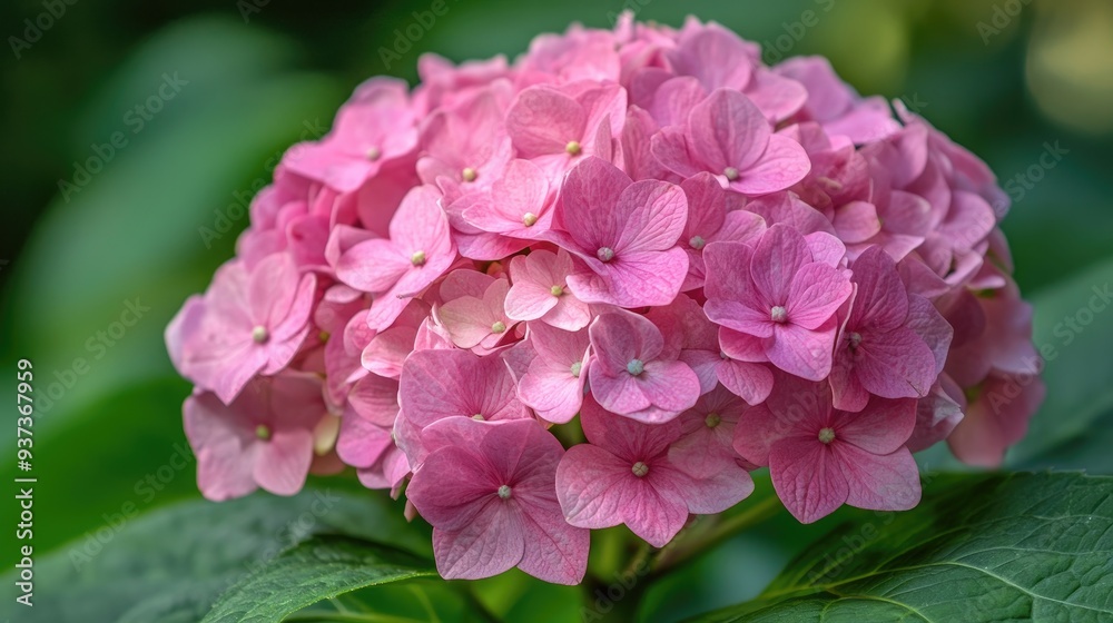 Close-up of a pink hydrangea flower in full bloom, delicate petals and vibrant colors, nature background Close-up of a pink hydrangea flower in full bloom, delicate petals and vibrant colors, nature background