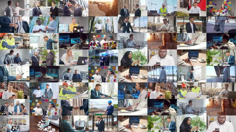 Multi screen business collage made of many different footages with business people working in office or outdoor. Technology, investment, money and teamwork concept. Multi screen business collage made of many different footages with business people working in office or outdoor. Technology, investment, money and teamwork concept.