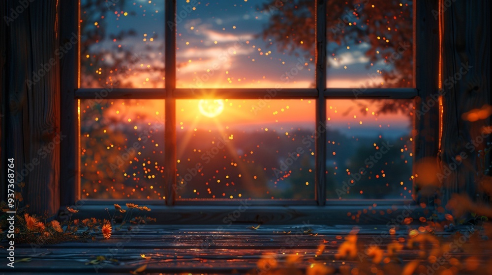 Serene Moonlit Night: View through Window with Twinkling Stars