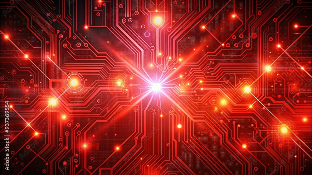 Obraz premium Vibrant red digital background with futuristic circuit board pattern, glowing binary code, and subtle futuristic glow, evoking technology and innovation concept.