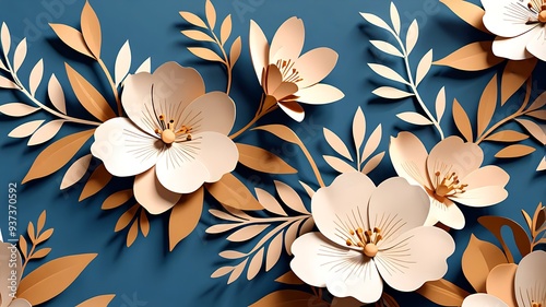 Paper flowers and leaves on a blue background, perfect for springthemed designs, greeting cards, invitations, and botanicalthemed projects. photo