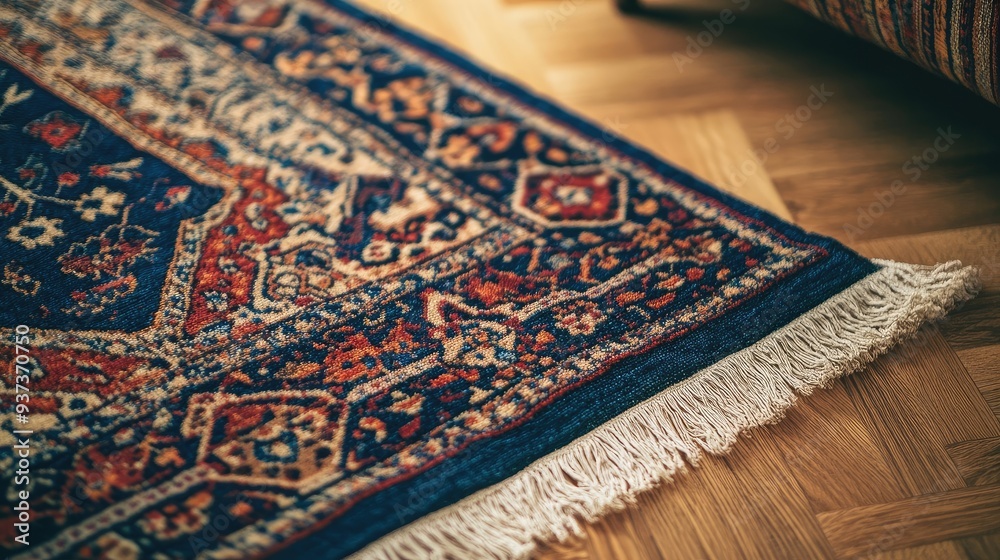 A Carpet Rug Positioned on the Floor of a Cozy Room A Carpet Rug Positioned on the Floor of a Cozy Room
