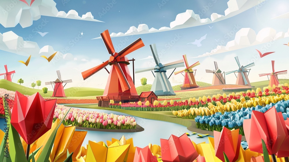 Serene Origami Trophy in Countryside Wonderland with Windmills and Tulip Fields Serene Origami Trophy in Countryside Wonderland with Windmills and Tulip Fields