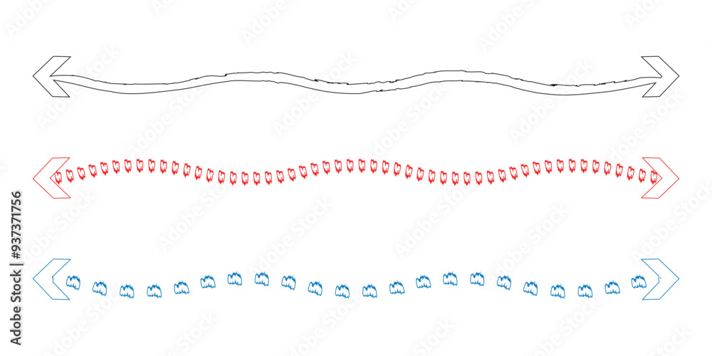 Horizontal long arrow vector. Horizontal dual sided long straight arrow signs. Black, red, stock pointer, direction, position symbol and double arrow icon. Long arrow icon set. Horizontal long arrow vector. Horizontal dual sided long straight arrow signs. Black, red, stock pointer, direction, position symbol and double arrow icon. Long arrow icon set.