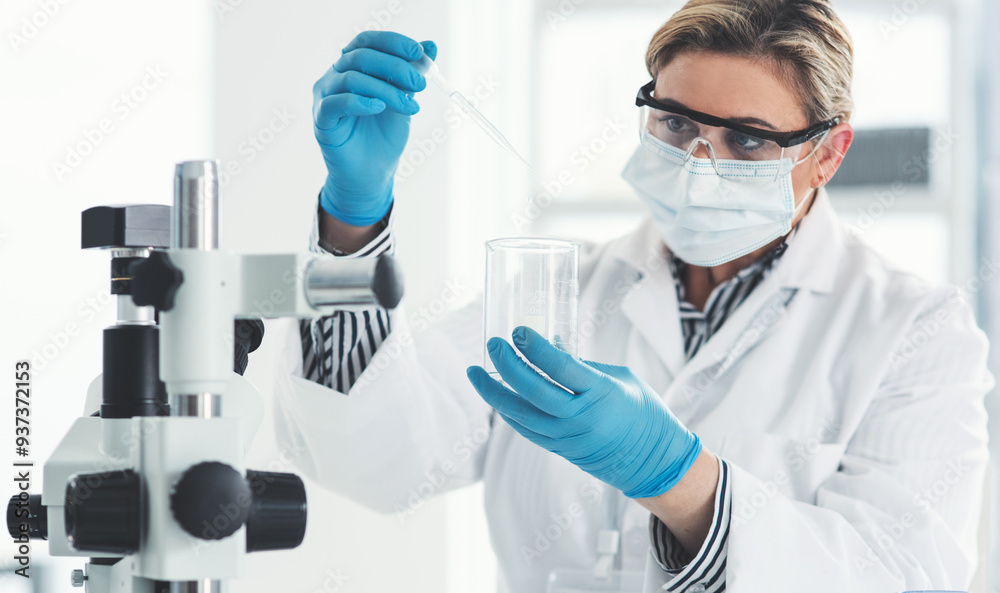 Fototapeta premium Woman, scientist and dropper with liquid in lab of microscope, chemical experiment or monkeypox process. Researcher, chemistry and biotech for investigation analysis, Denmark study and medical cure