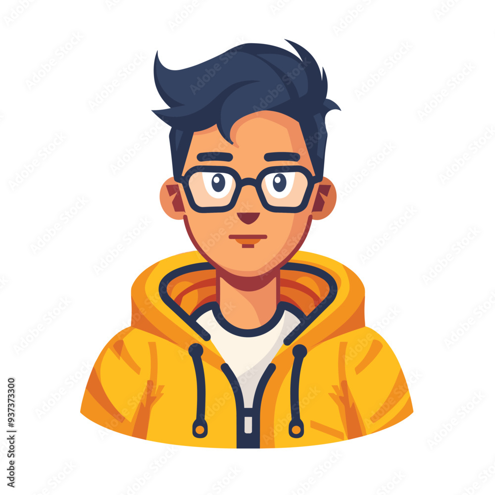 Illustration of a young Asian man with glasses and a yellow hoodie. Illustration of a young Asian man with glasses and a yellow hoodie.