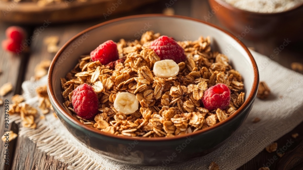 Homemade granola on table runner. Homemade granola on table runner.