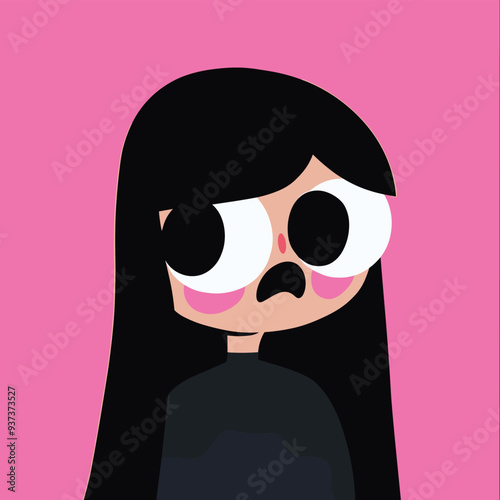 Cartoon woman with long black hair and sad expression on pink background.