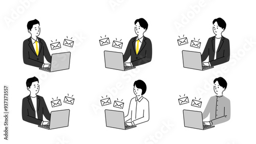 メールチェックをするビジネスパーソンのイラストセット、ベクター