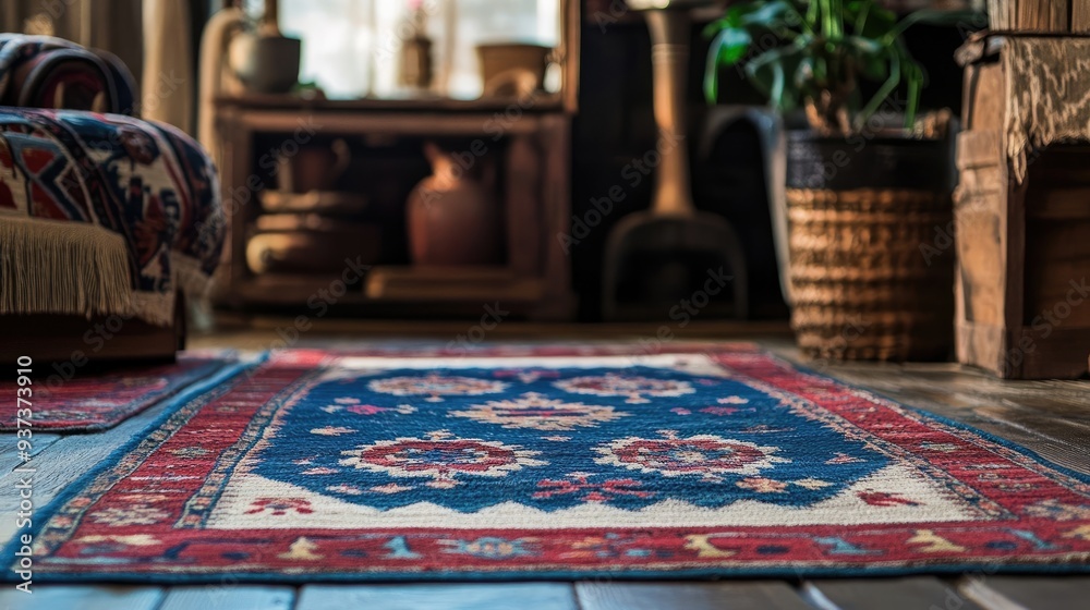 Fototapeta premium A Carpet Rug Positioned on the Floor of a Cozy Room