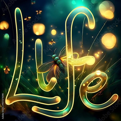 An illustration with glowing yellow lights having fireflies in background depicting life in nature