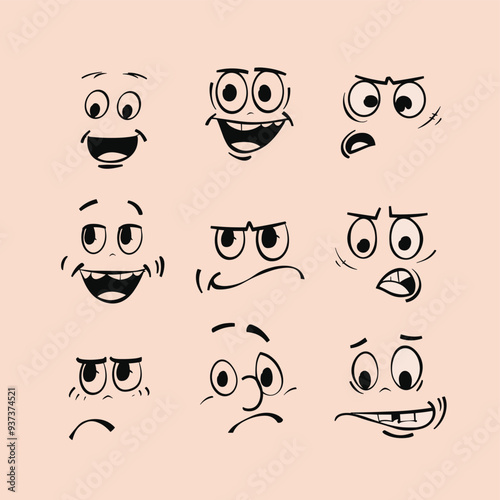 A set of black and white cartoon faces displaying various emotions on a light peach background.