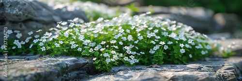 A lush patch of small white flowers blooming among rocks in a natural setting.