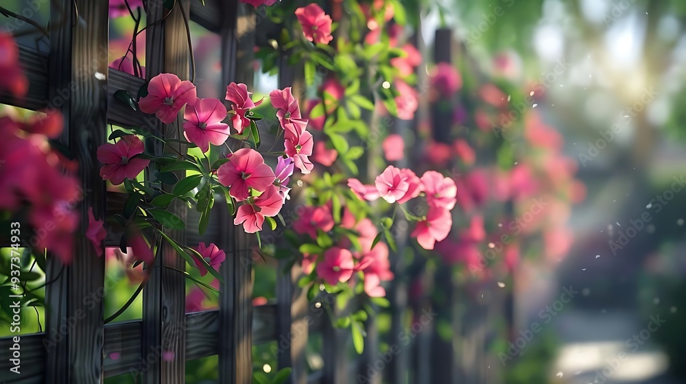 A vibrant display of pink flowers climbing a wooden trellis in a serene garden setting. A vibrant display of pink flowers climbing a wooden trellis in a serene garden setting.