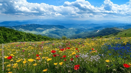 Vibrant Wildflower Meadow with Mountain View Photo