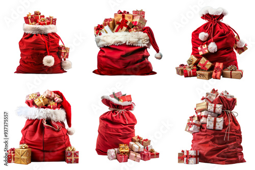 Six Red Santas Bags Overflowing With Wrapped Christmas Gifts photo