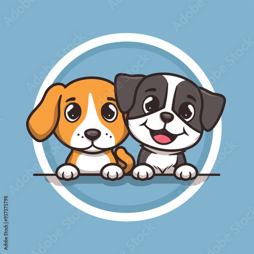 Cartoon illustration of two adorable puppies, one brown and one black and white, against a blue background.