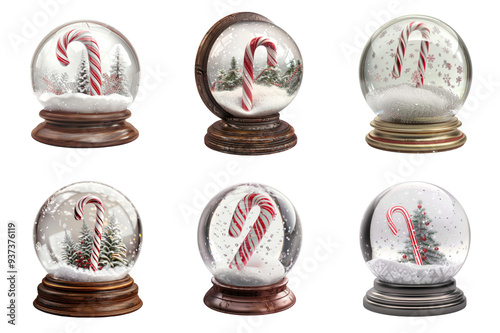 Six Christmas Snow Globes with Candy Canes and Winter Scenes photo