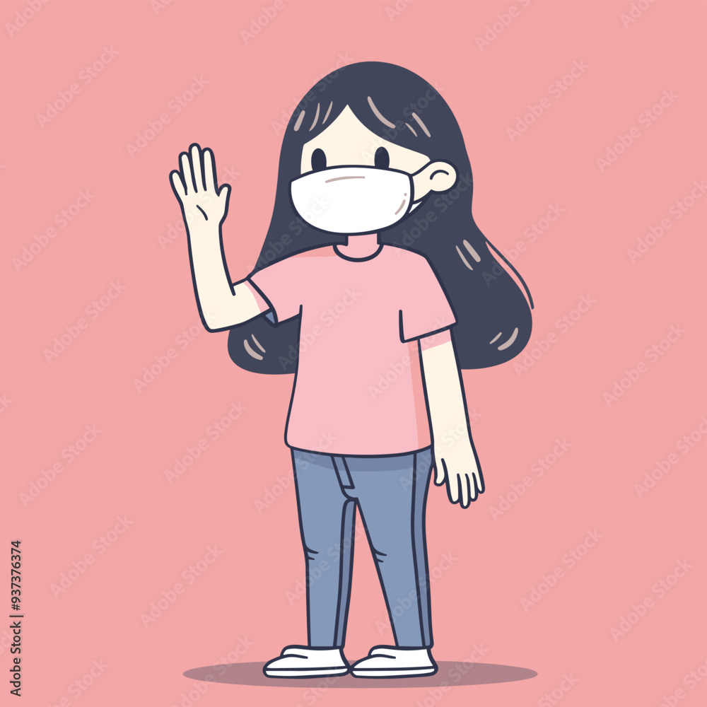 Cartoon girl wearing a mask, raising her hand, on a pink background. Cartoon girl wearing a mask, raising her hand, on a pink background.
