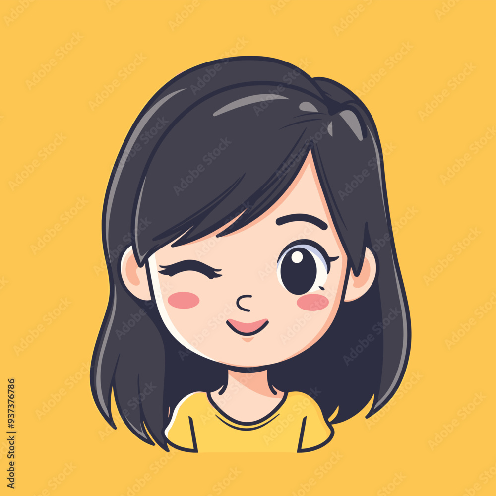 Cute animated girl with black hair winking, set against a bright yellow background. Cute animated girl with black hair winking, set against a bright yellow background.