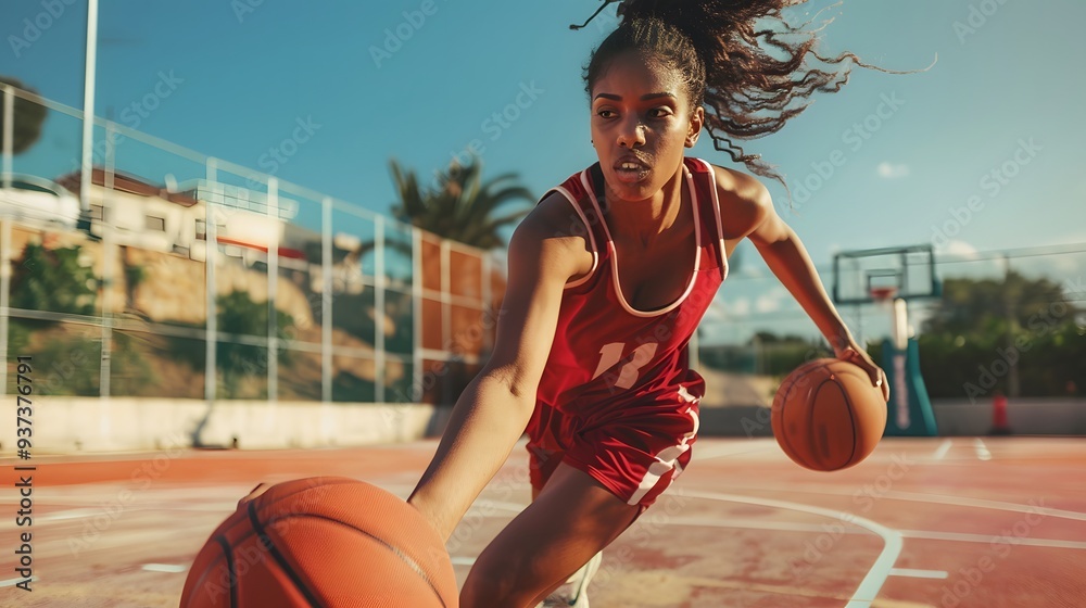 Woman in Basketball Uniform: A woman in a dynamic basketball uniform dribbling on an outdoor court.
Woman in Basketball Uniform: A woman in a dynamic basketball uniform dribbling on an outdoor court.